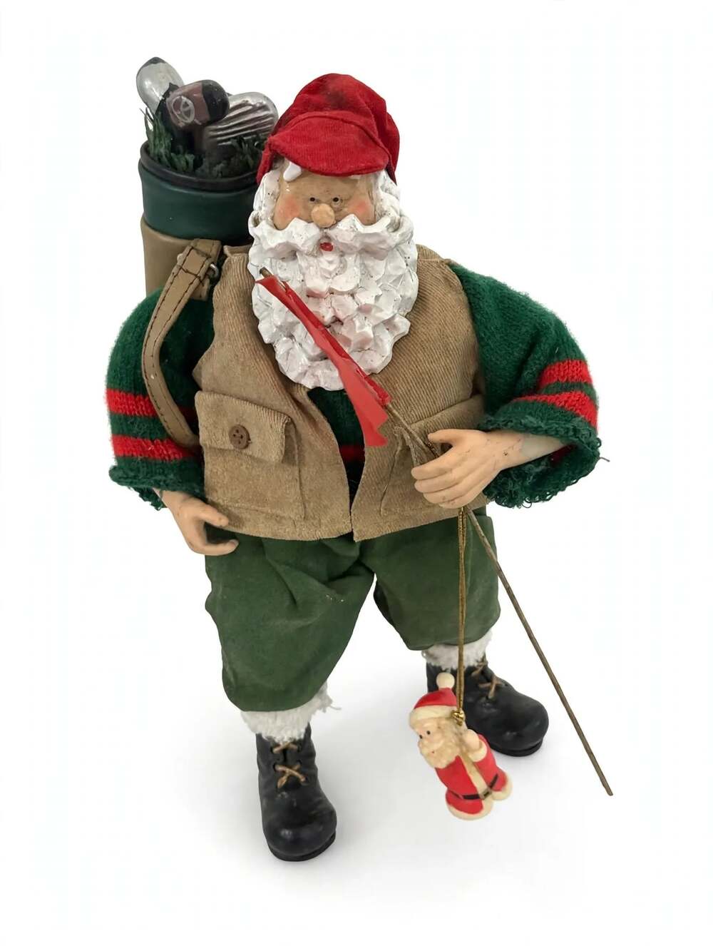Vintage Golfing Santa Figurine 18th Hole Flag Golf Bag 3 Clubs + Santa Charm